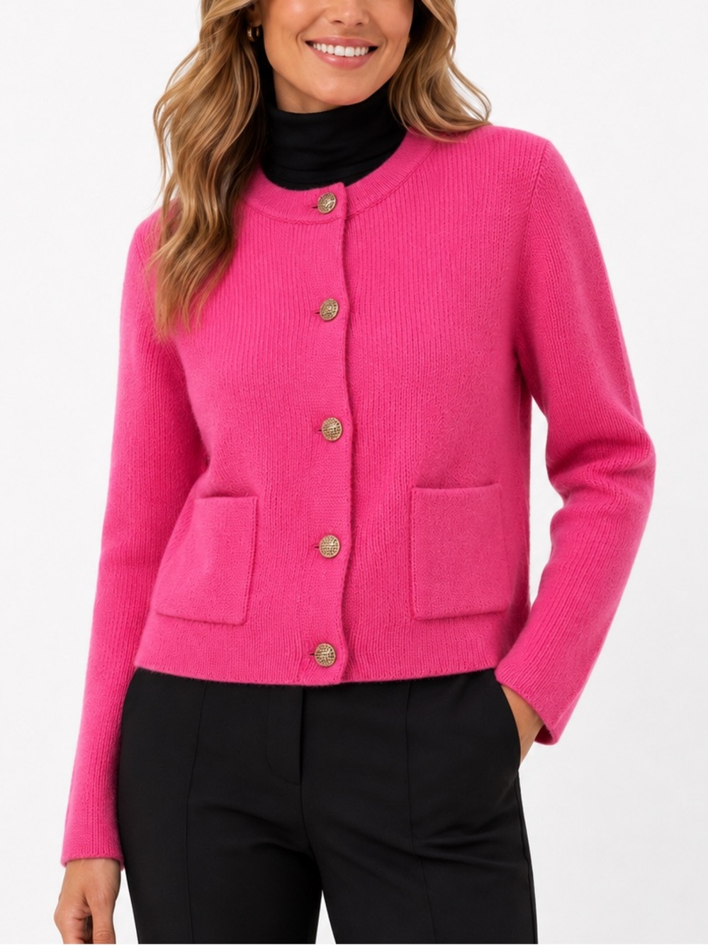 Commense Pink Knit Cardigan Small Gold Buttons Patch Pockets NEW! Size Small